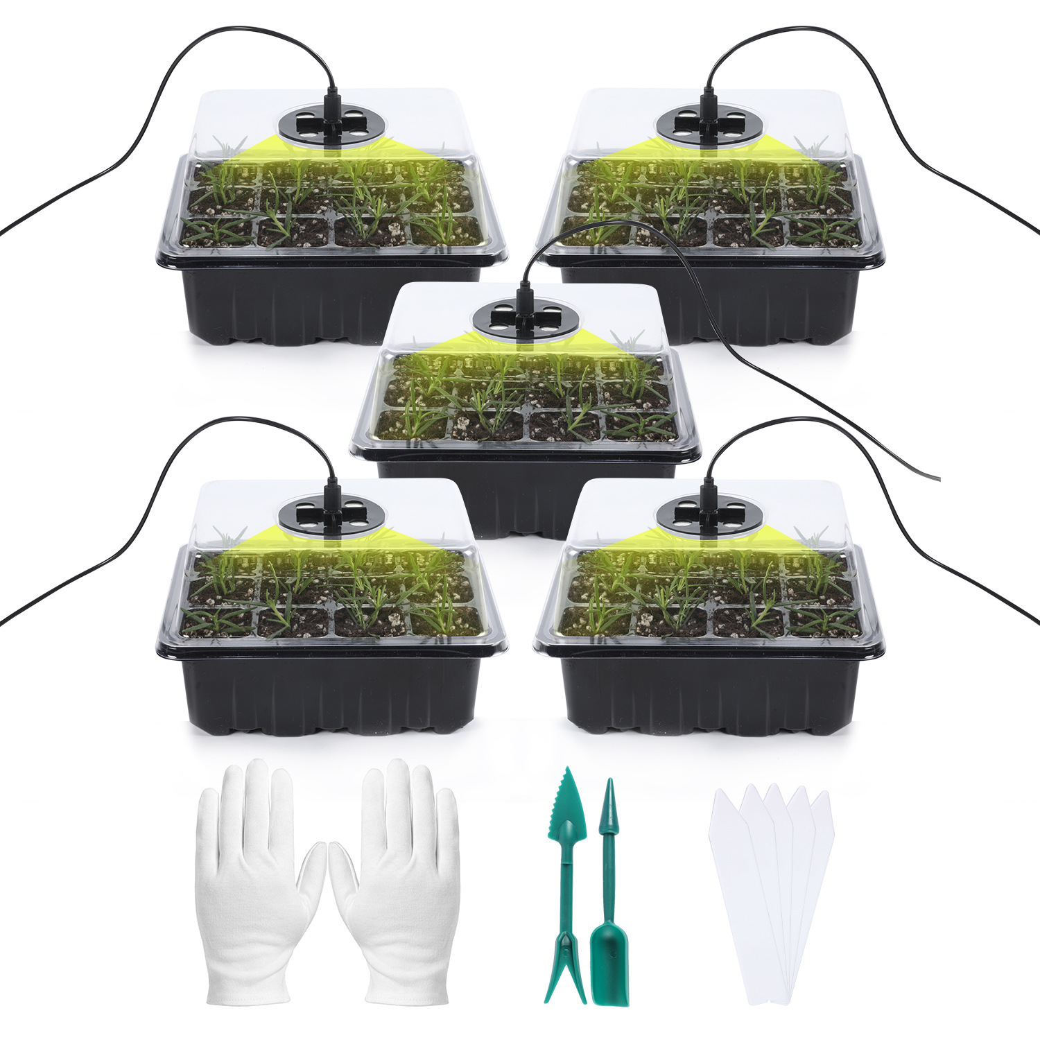 5 Packs Seed Starter Tray Kit with 5 Grow Lights, Humidity Dome Plant Seedling Starter Kit for Garden Plant Growing Herb Seeds Germination Sprouting Cat Grass Planter